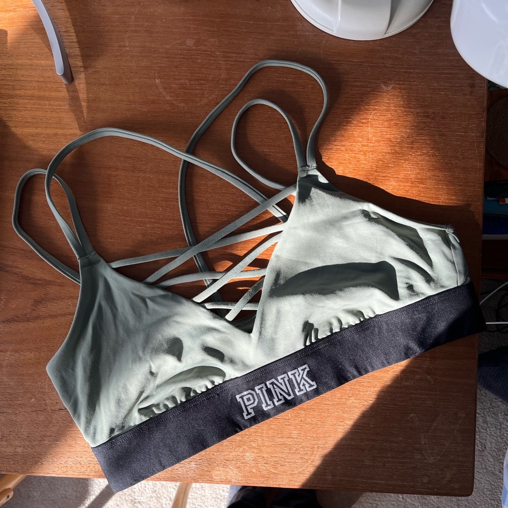 PINK Victoria's Secret Women's Strappy Sports Bralette - Green and Black